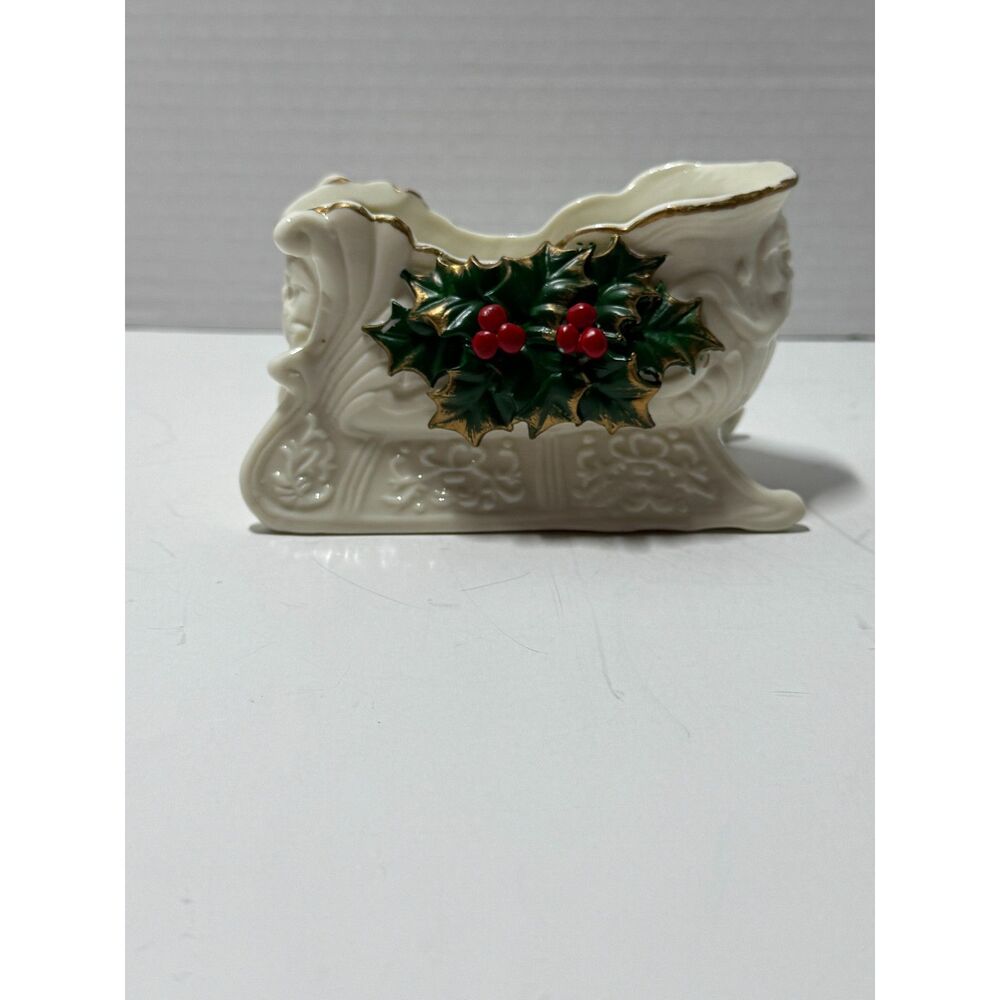 Vintage Ceramic Christmas Sleigh Planter Holly Berry Gold Trim Decor